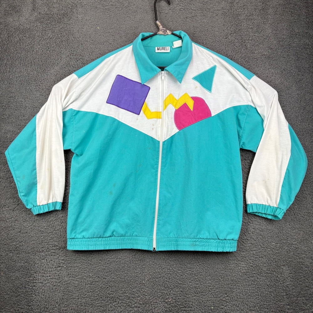 Vtg MURELI Womens Colorblock Geometric Zip Up Windbreaker Jacket‎ Medium